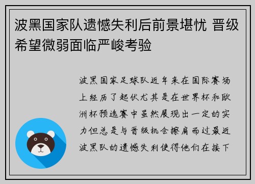 波黑国家队遗憾失利后前景堪忧 晋级希望微弱面临严峻考验